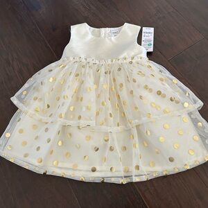 Cream and gold dress with gold polka dots